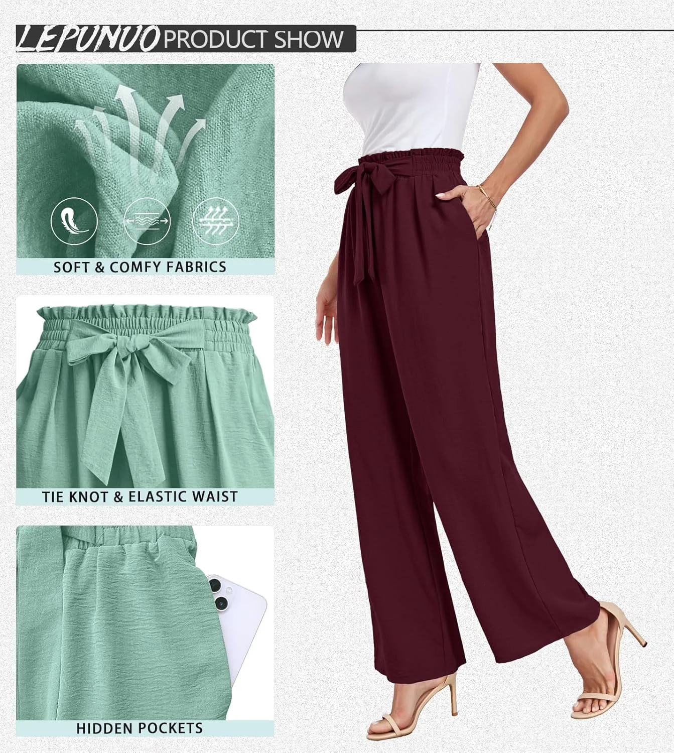 Womens Wide Leg Pants High Waist Flowy Adjustable Knot Loose Trousers Casuals Lounge Business Pants with Pockets