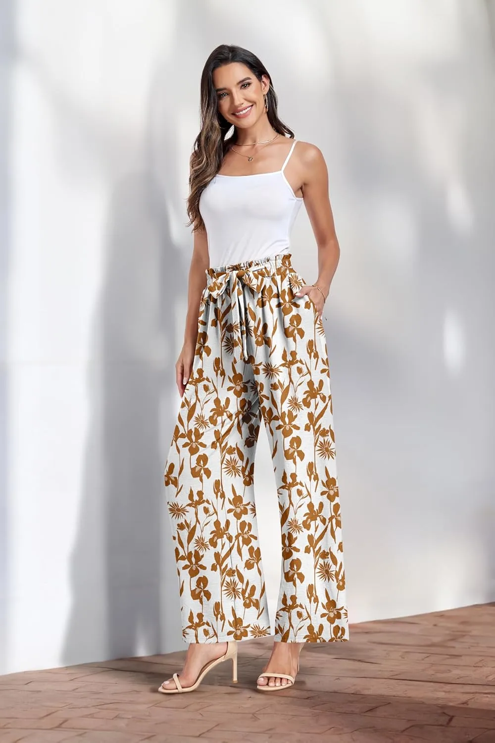 Womens Wide Leg Pants High Waist Flowy Adjustable Knot Loose Trousers Casuals Lounge Business Pants with Pockets