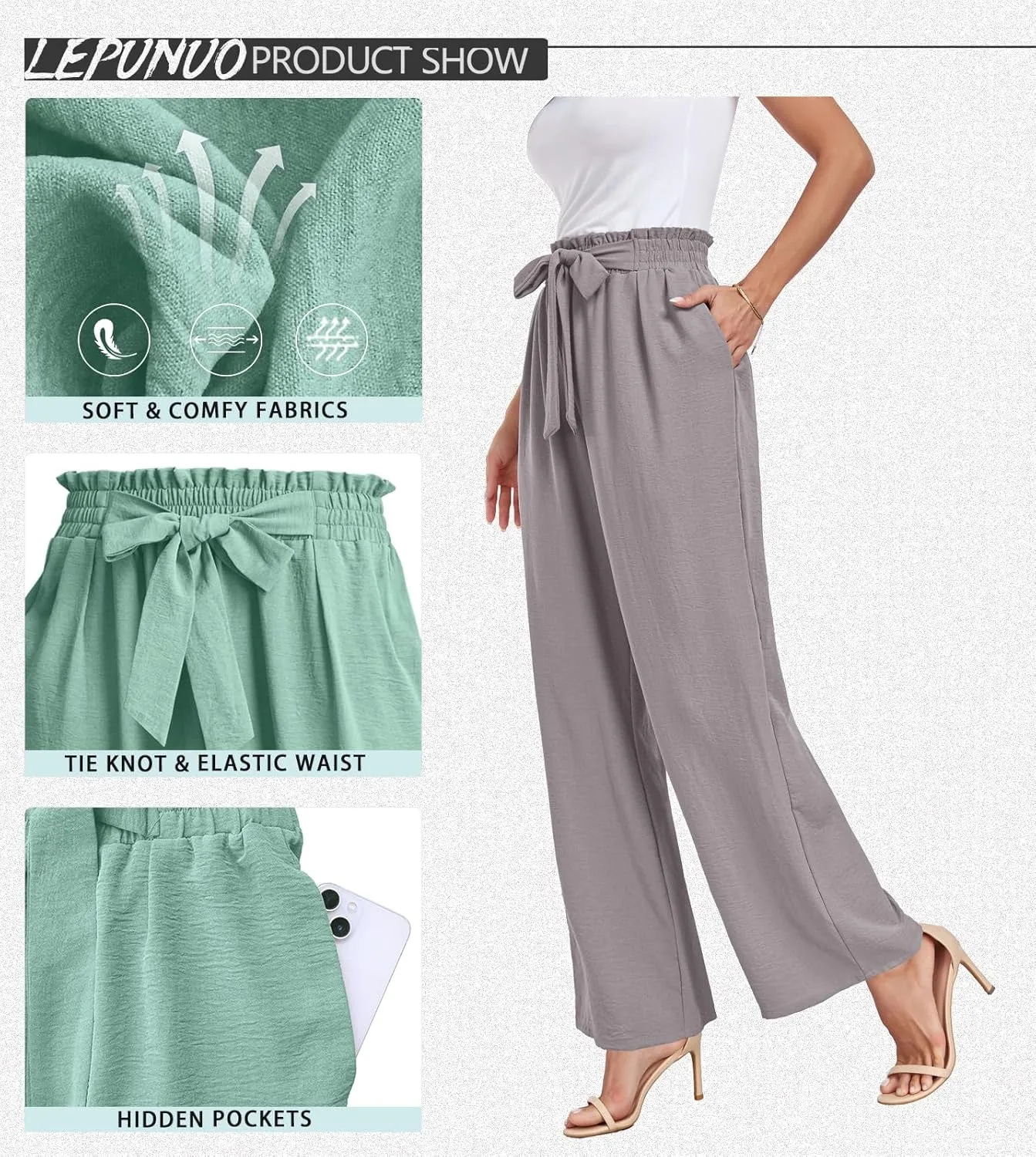 Womens Wide Leg Pants High Waist Flowy Adjustable Knot Loose Trousers Casuals Lounge Business Pants with Pockets