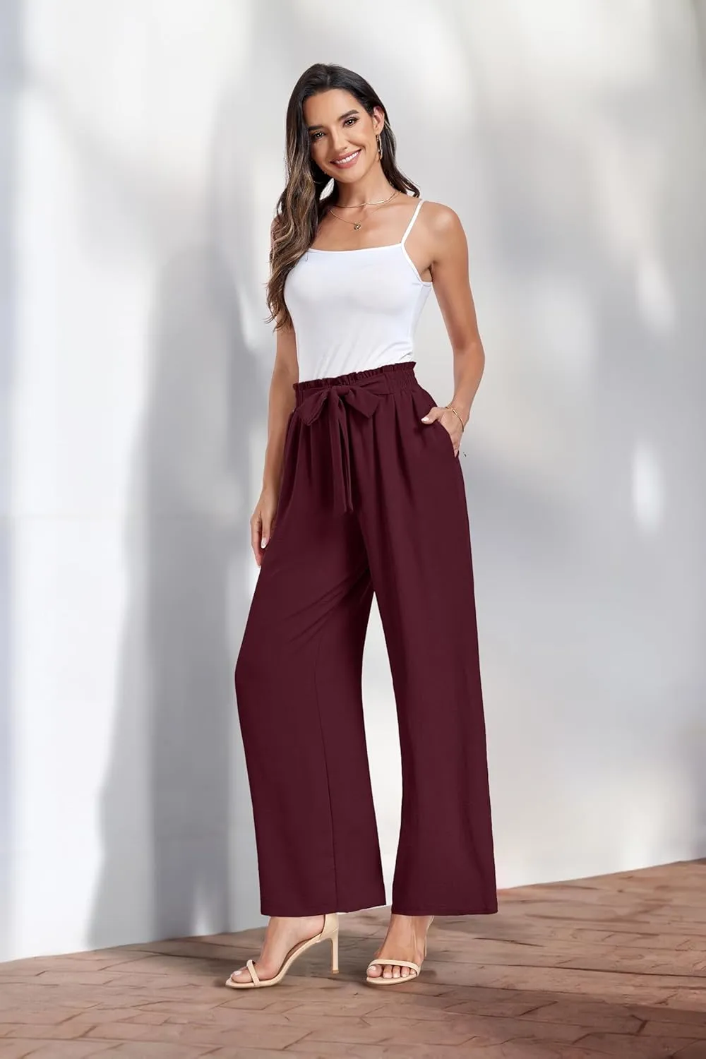Womens Wide Leg Pants High Waist Flowy Adjustable Knot Loose Trousers Casuals Lounge Business Pants with Pockets
