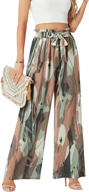 Womens Wide Leg Pants High Waist Flowy Adjustable Knot Loose Trousers Casuals Lounge Business Pants with Pockets