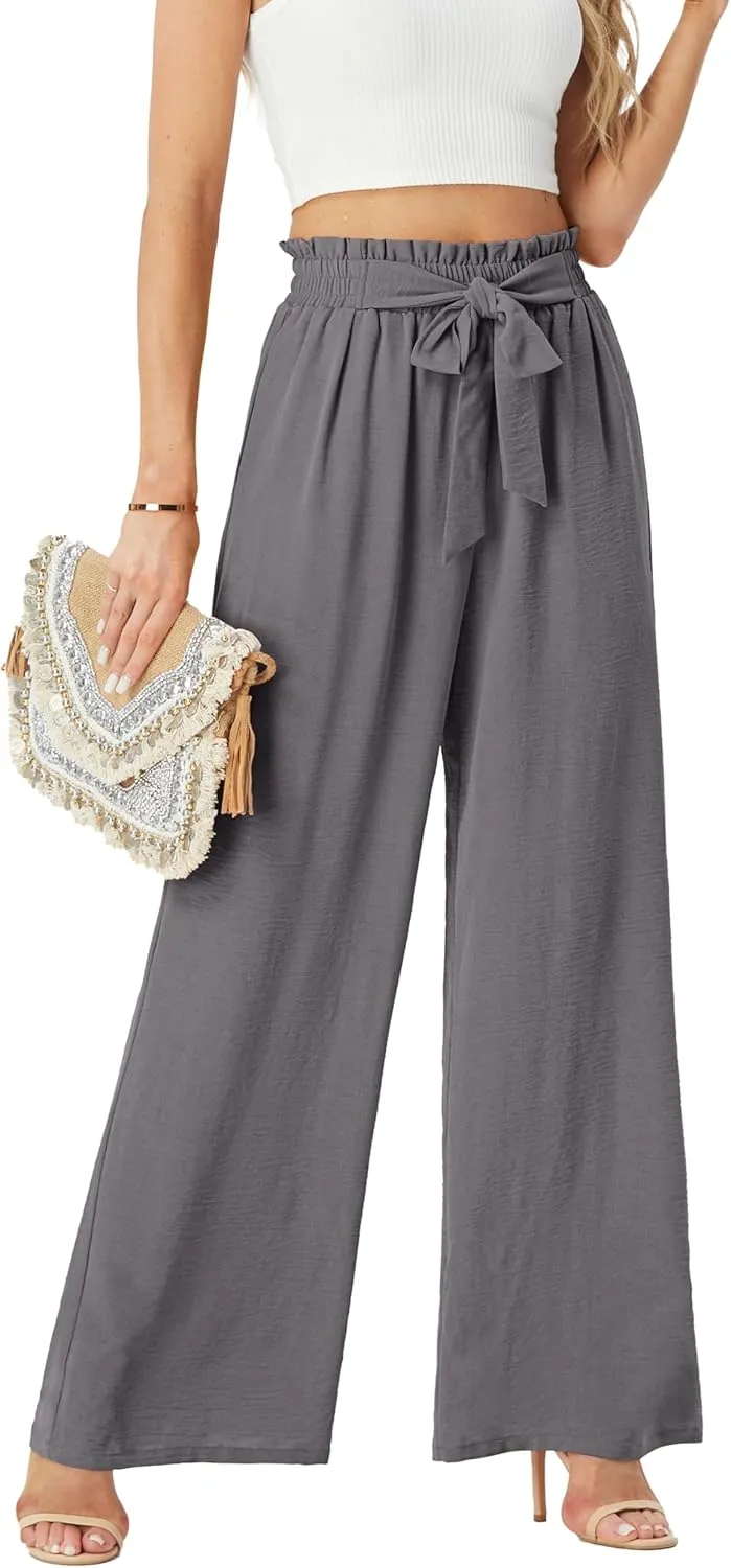 Womens Wide Leg Pants High Waist Flowy Adjustable Knot Loose Trousers Casuals Lounge Business Pants with Pockets