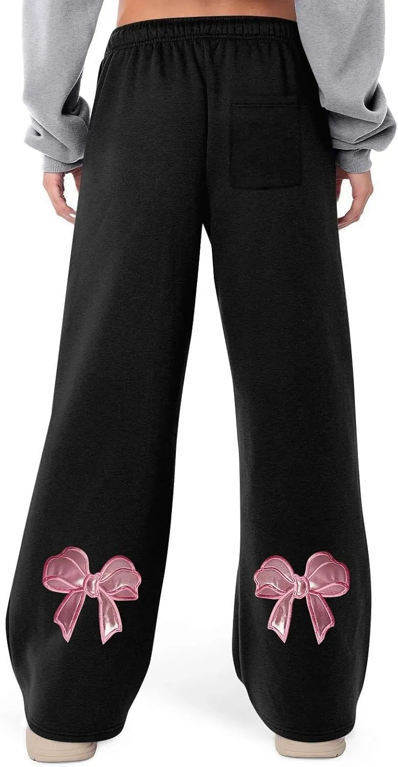 Women's Wide Leg Sweatpants Bow Tie Printed Trousers Baggy Straight Leg Lounge Pants Athletic Joggers with Pockets