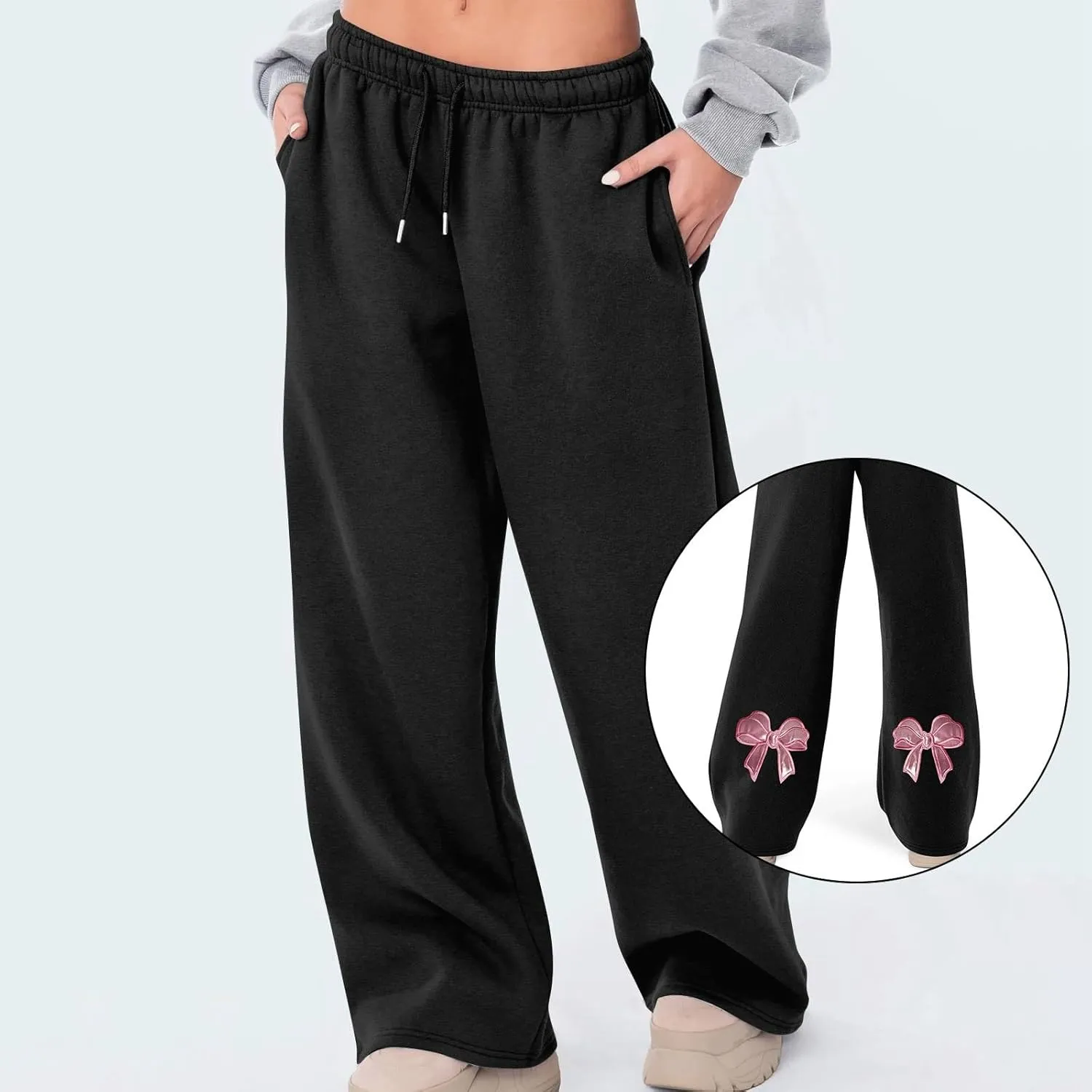 Women's Wide Leg Sweatpants Bow Tie Printed Trousers Baggy Straight Leg Lounge Pants Athletic Joggers with Pockets
