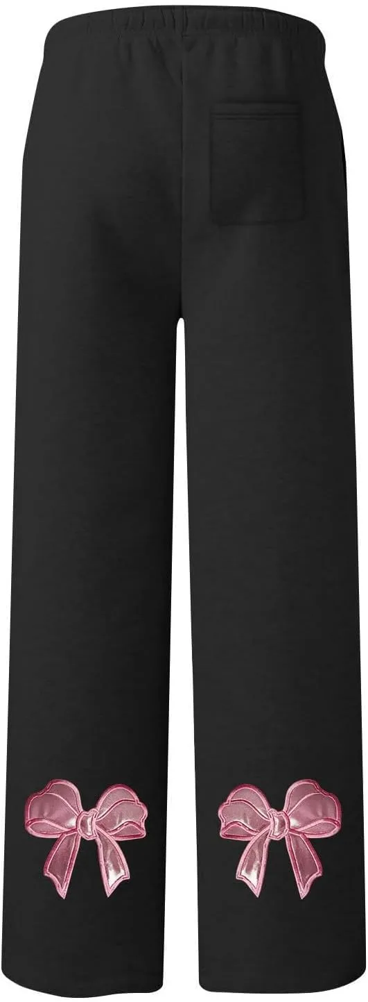 Women's Wide Leg Sweatpants Bow Tie Printed Trousers Baggy Straight Leg Lounge Pants Athletic Joggers with Pockets