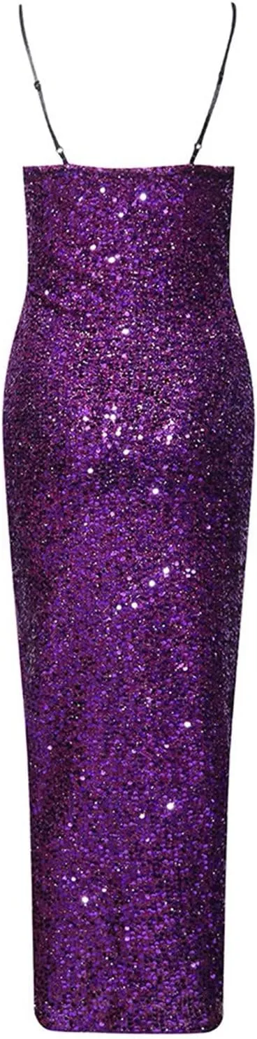 XUNRYAN Women Spaghetti Strap Sequin Dress Sexy Bodycon Camis Maxi Dresses High Slit Cocktail Evening Ball Gown Outfits