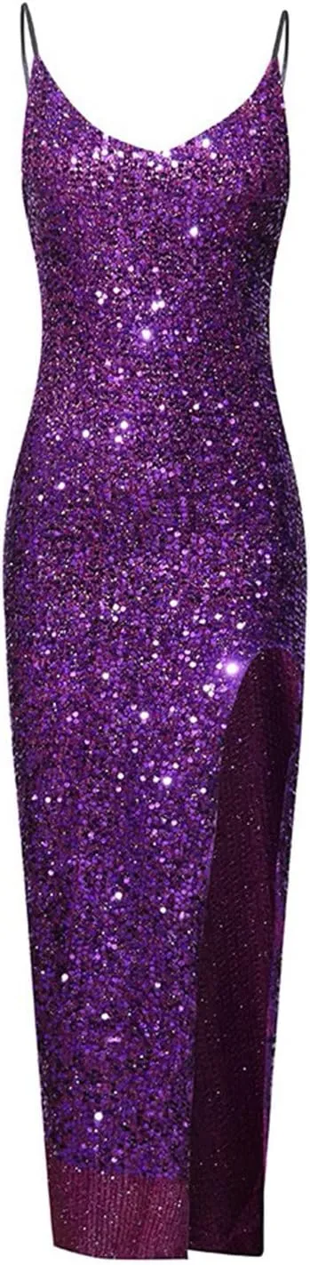 XUNRYAN Women Spaghetti Strap Sequin Dress Sexy Bodycon Camis Maxi Dresses High Slit Cocktail Evening Ball Gown Outfits