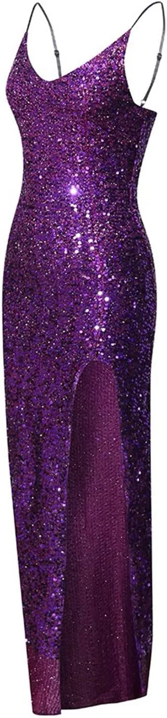 XUNRYAN Women Spaghetti Strap Sequin Dress Sexy Bodycon Camis Maxi Dresses High Slit Cocktail Evening Ball Gown Outfits