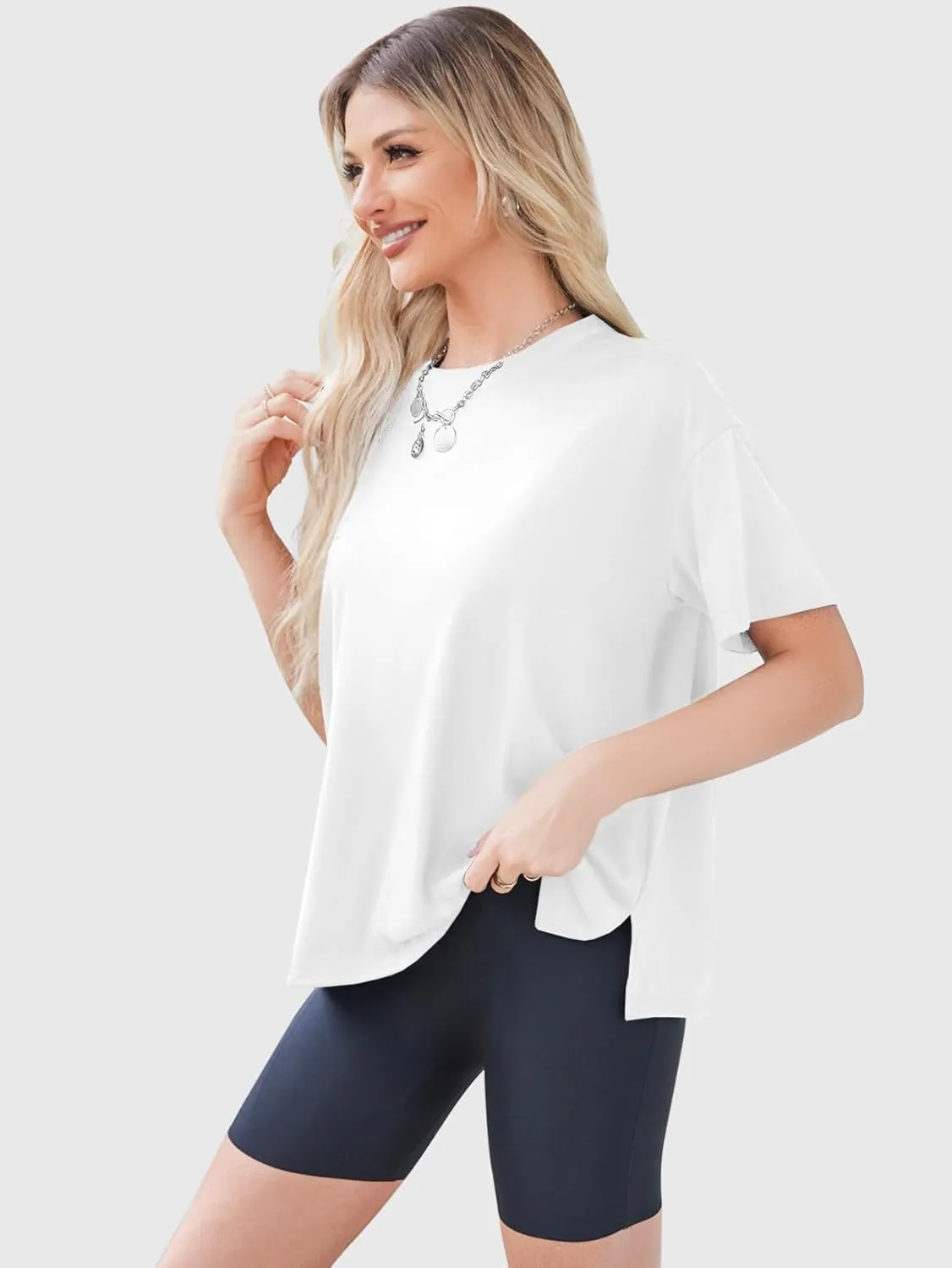 YKR Oversized T Shirts for Women Short Sleeve Crewneck Drop Shoulder Summer Tops Casual Loose Fit Side Slit Basic Tee Shirts