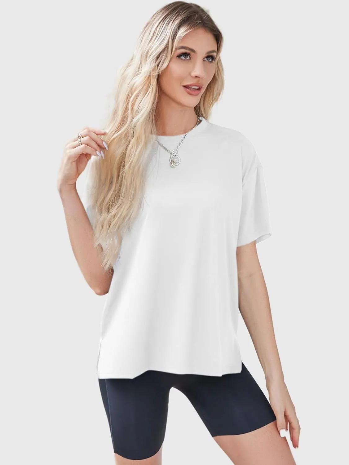 YKR Oversized T Shirts for Women Short Sleeve Crewneck Drop Shoulder Summer Tops Casual Loose Fit Side Slit Basic Tee Shirts