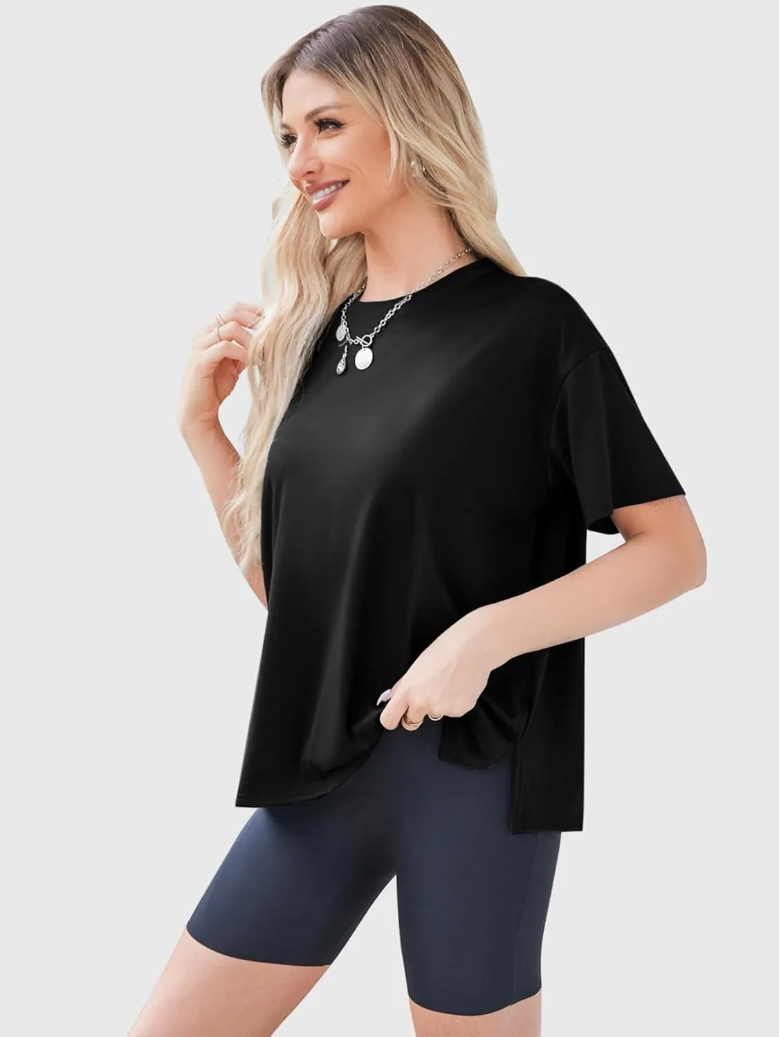 YKR Oversized T Shirts for Women Short Sleeve Crewneck Drop Shoulder Summer Tops Casual Loose Fit Side Slit Basic Tee Shirts
