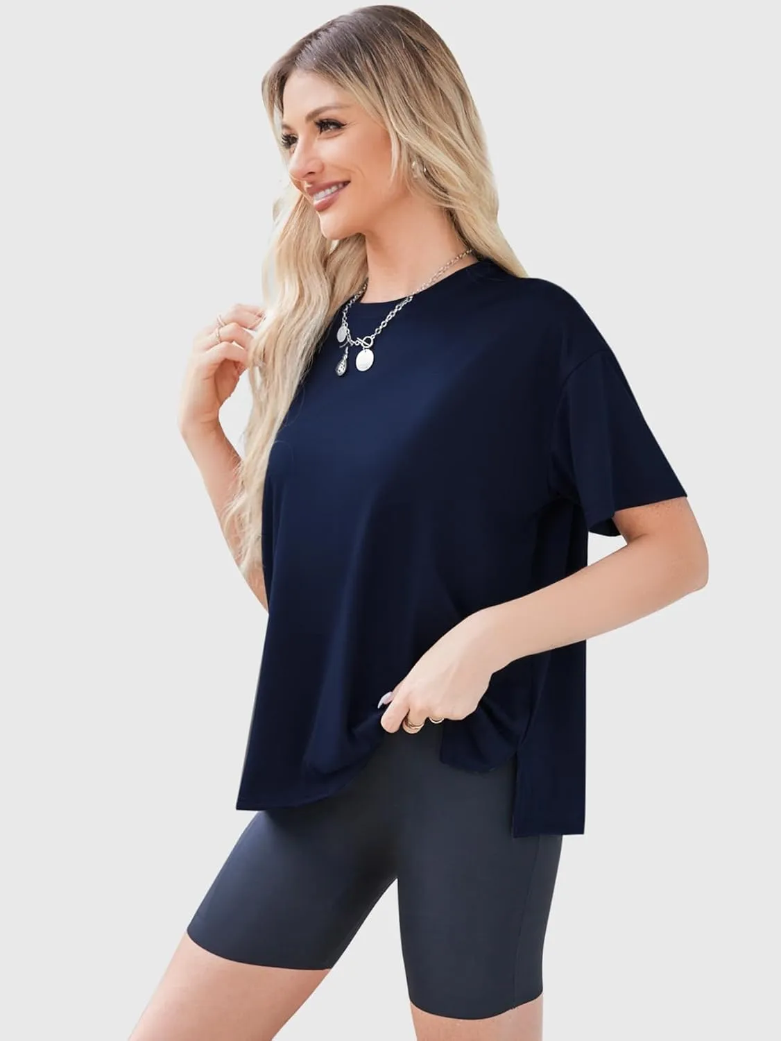 YKR Oversized T Shirts for Women Short Sleeve Crewneck Drop Shoulder Summer Tops Casual Loose Fit Side Slit Basic Tee Shirts