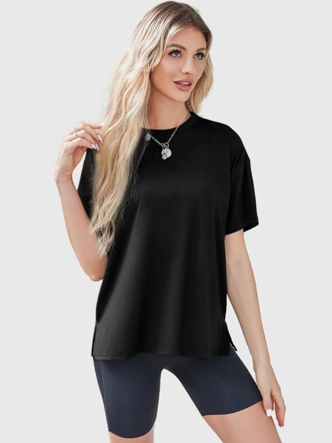 YKR Oversized T Shirts for Women Short Sleeve Crewneck Drop Shoulder Summer Tops Casual Loose Fit Side Slit Basic Tee Shirts