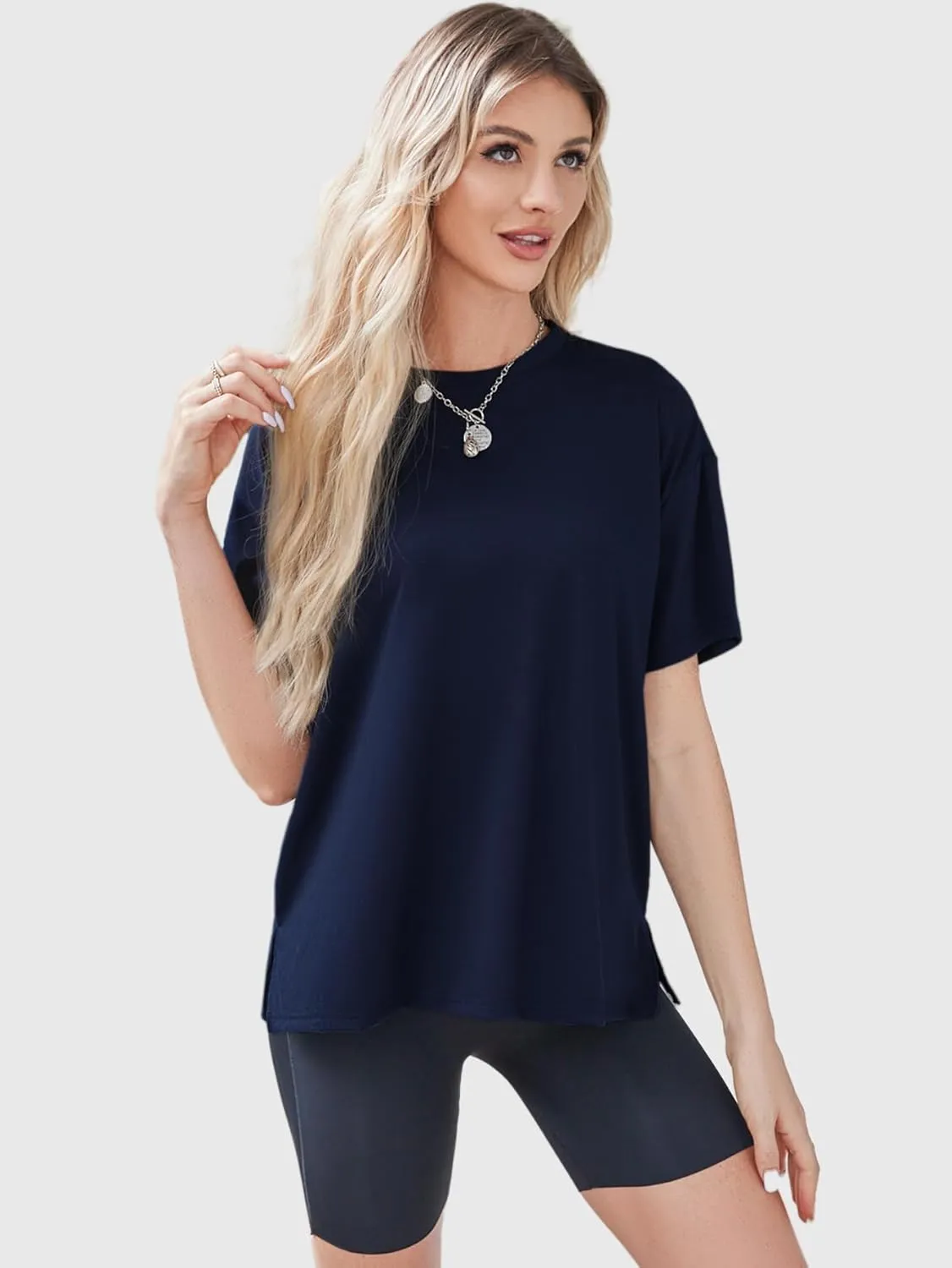 YKR Oversized T Shirts for Women Short Sleeve Crewneck Drop Shoulder Summer Tops Casual Loose Fit Side Slit Basic Tee Shirts