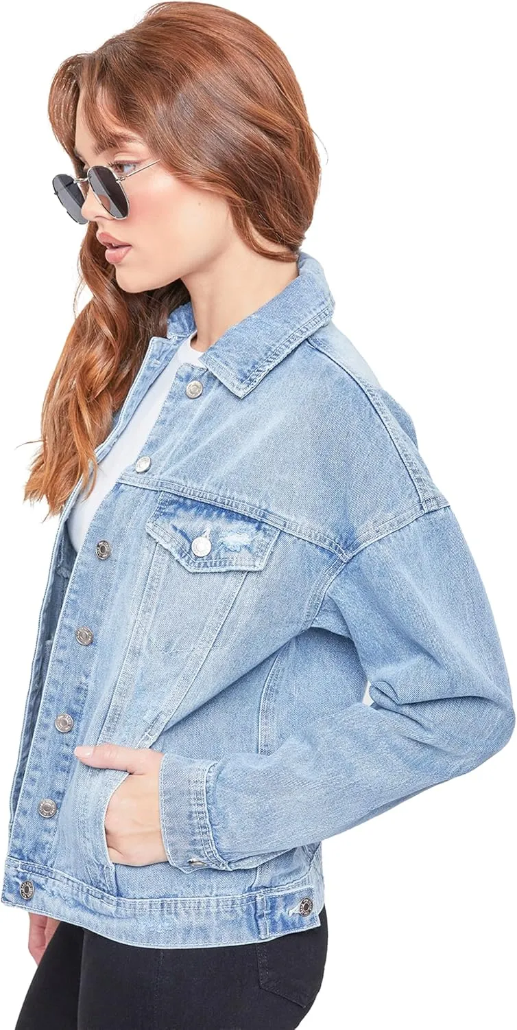 YMI Women's Junior Oversized Boyfreind Denim Jacket
