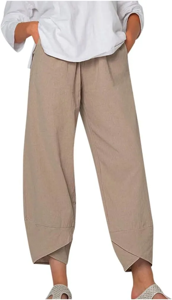 YRAETENM Womens Linen Pants Casual Elastic High Waist Summer Capris Relax Fit Stright Wide Leg Palazzo Pants with Pockets