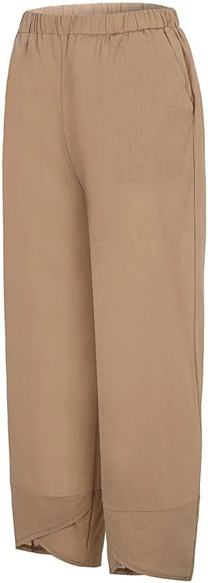 YRAETENM Womens Linen Pants Casual Elastic High Waist Summer Capris Relax Fit Stright Wide Leg Palazzo Pants with Pockets
