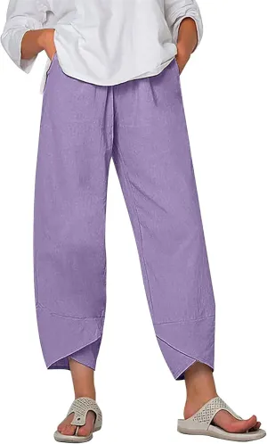 YRAETENM Womens Linen Pants Casual Elastic High Waist Summer Capris Relax Fit Stright Wide Leg Palazzo Pants with Pockets