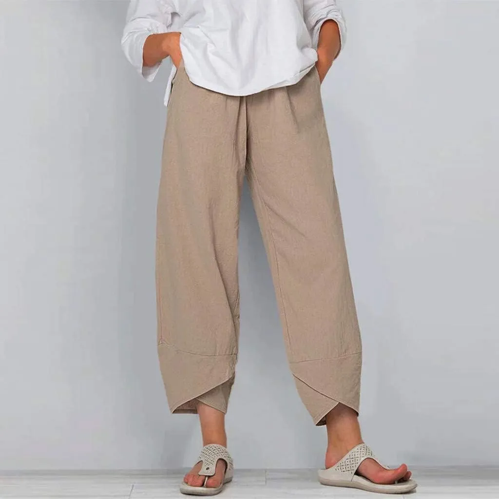 YRAETENM Womens Linen Pants Casual Elastic High Waist Summer Capris Relax Fit Stright Wide Leg Palazzo Pants with Pockets