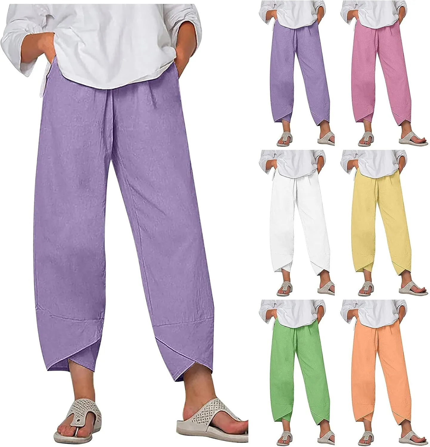 YRAETENM Womens Linen Pants Casual Elastic High Waist Summer Capris Relax Fit Stright Wide Leg Palazzo Pants with Pockets
