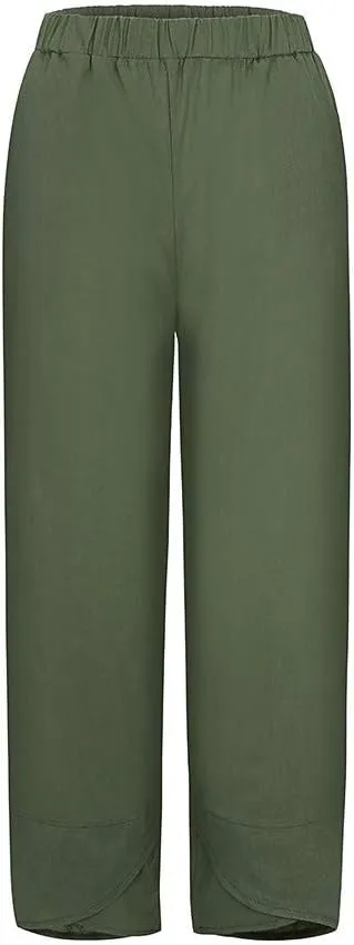 YRAETENM Womens Linen Pants Casual Elastic High Waist Summer Capris Relax Fit Stright Wide Leg Palazzo Pants with Pockets