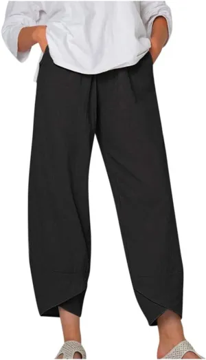 YRAETENM Womens Linen Pants Casual Elastic High Waist Summer Capris Relax Fit Stright Wide Leg Palazzo Pants with Pockets