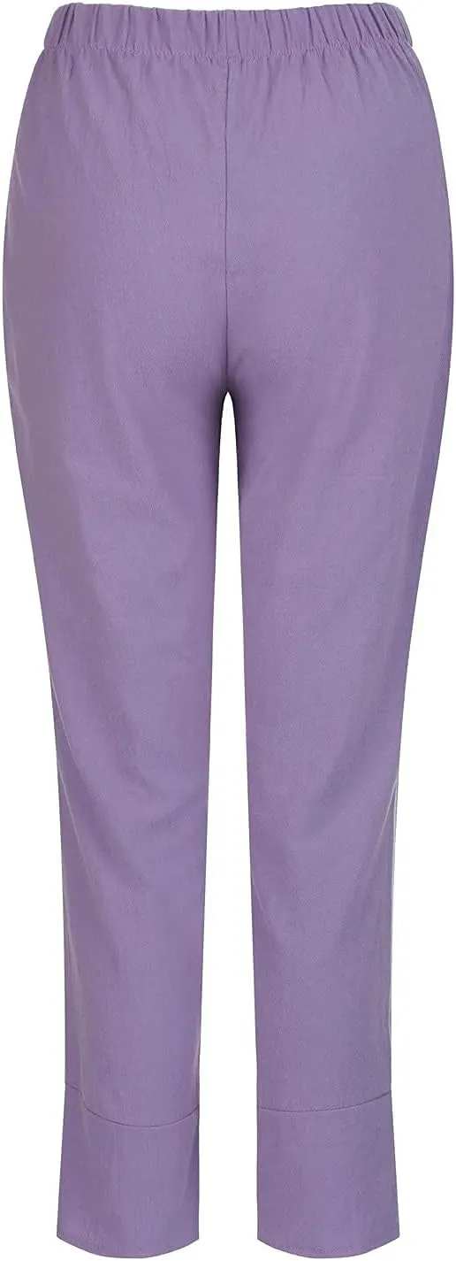 YRAETENM Womens Linen Pants Casual Elastic High Waist Summer Capris Relax Fit Stright Wide Leg Palazzo Pants with Pockets