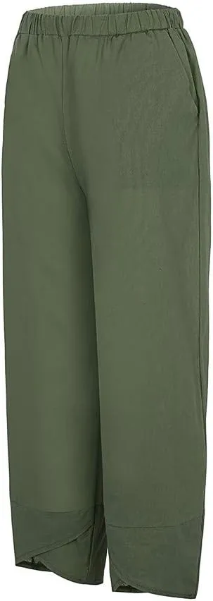 YRAETENM Womens Linen Pants Casual Elastic High Waist Summer Capris Relax Fit Stright Wide Leg Palazzo Pants with Pockets
