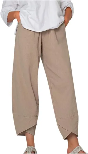 YRAETENM Womens Linen Pants Casual Elastic High Waist Summer Capris Relax Fit Stright Wide Leg Palazzo Pants with Pockets