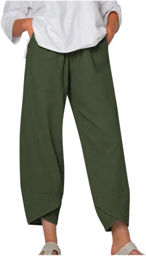 YRAETENM Womens Linen Pants Casual Elastic High Waist Summer Capris Relax Fit Stright Wide Leg Palazzo Pants with Pockets