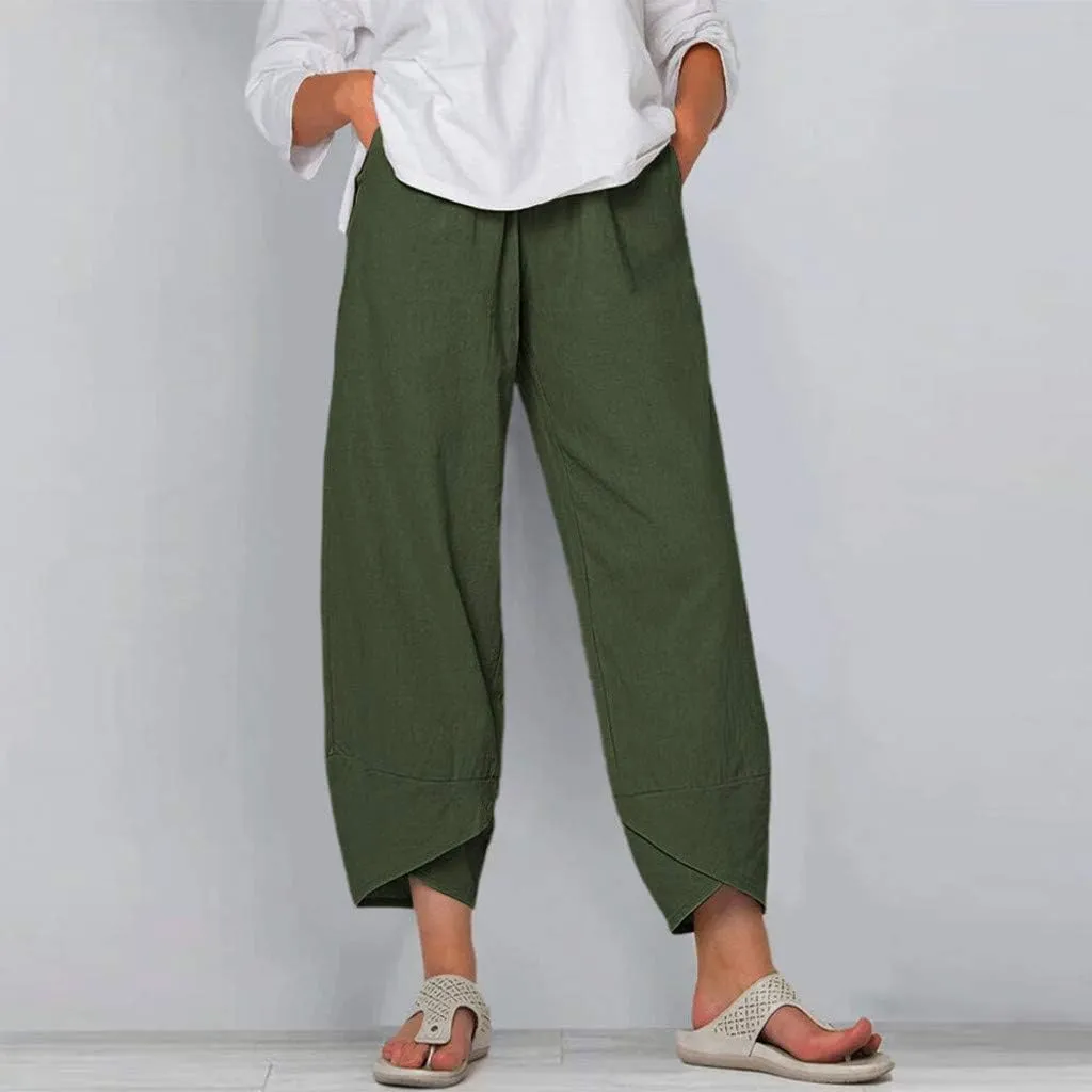 YRAETENM Womens Linen Pants Casual Elastic High Waist Summer Capris Relax Fit Stright Wide Leg Palazzo Pants with Pockets