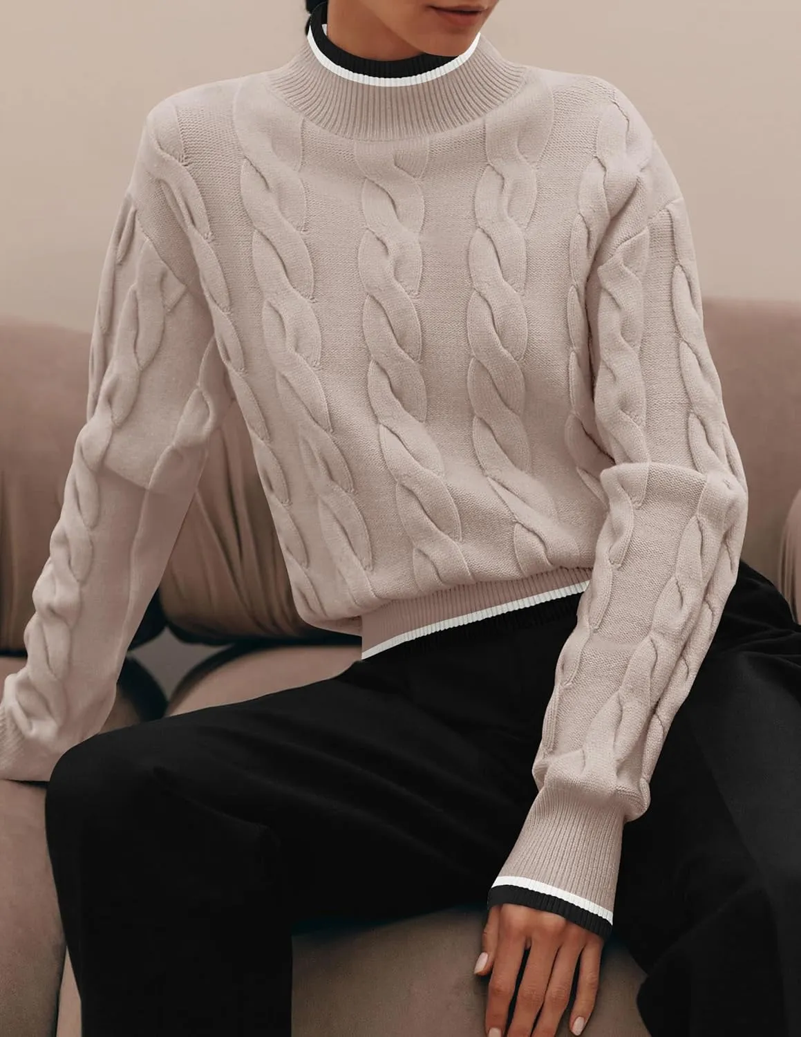 ZESICA Women's Casual Long Sleeve Mock Neck Cable Knit Contrast Color Fall Winter Chunky Pullover Sweater
