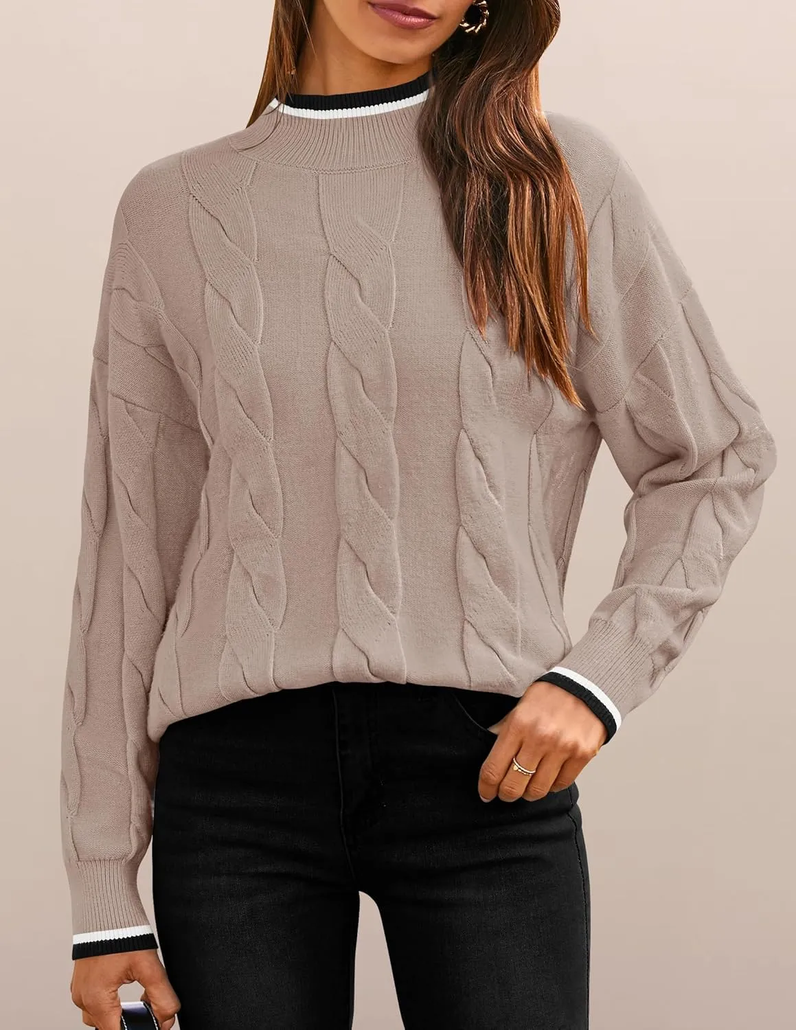 ZESICA Women's Casual Long Sleeve Mock Neck Cable Knit Contrast Color Fall Winter Chunky Pullover Sweater