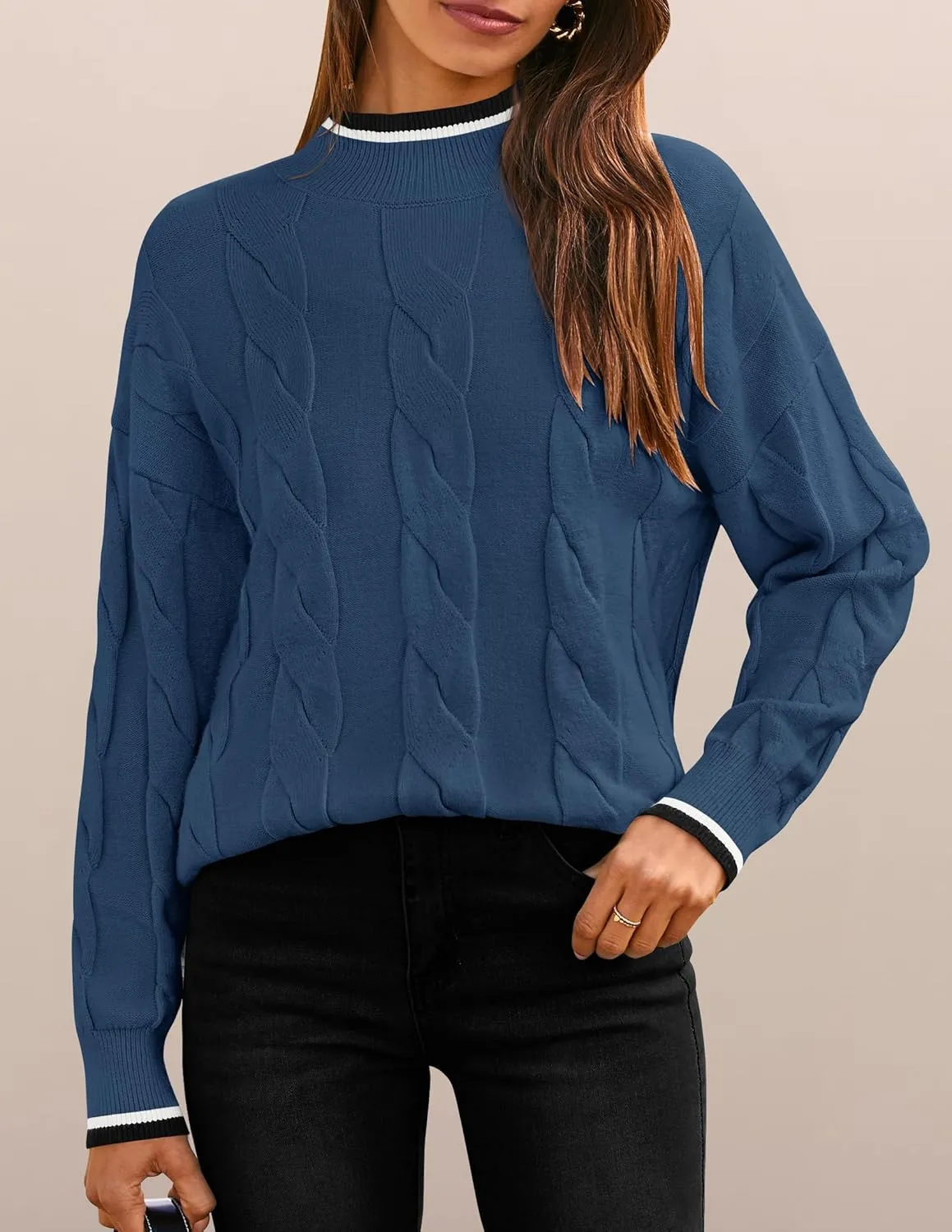 ZESICA Women's Casual Long Sleeve Mock Neck Cable Knit Contrast Color Fall Winter Chunky Pullover Sweater