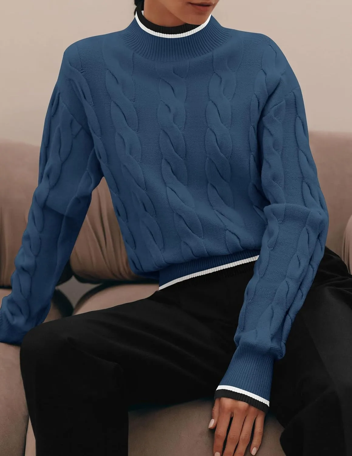 ZESICA Women's Casual Long Sleeve Mock Neck Cable Knit Contrast Color Fall Winter Chunky Pullover Sweater