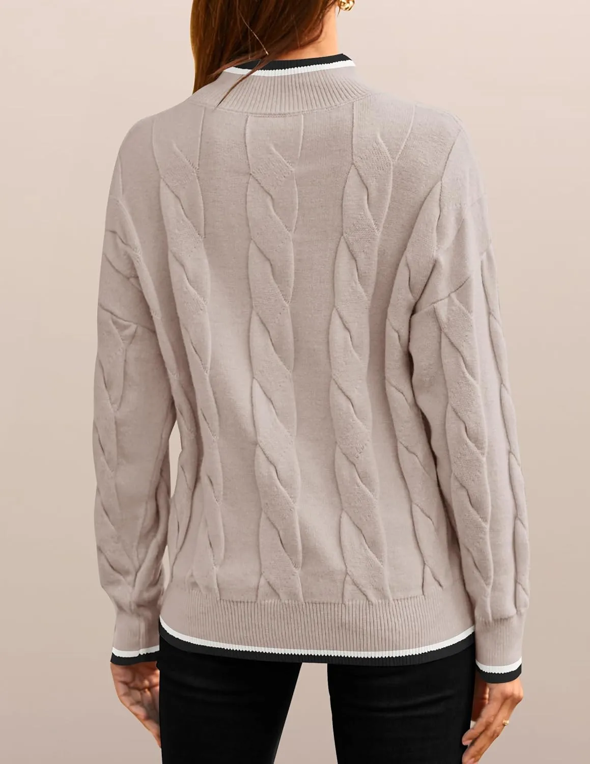 ZESICA Women's Casual Long Sleeve Mock Neck Cable Knit Contrast Color Fall Winter Chunky Pullover Sweater