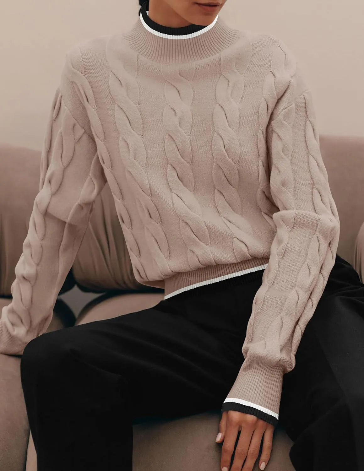ZESICA Women's Casual Long Sleeve Mock Neck Cable Knit Contrast Color Fall Winter Chunky Pullover Sweater
