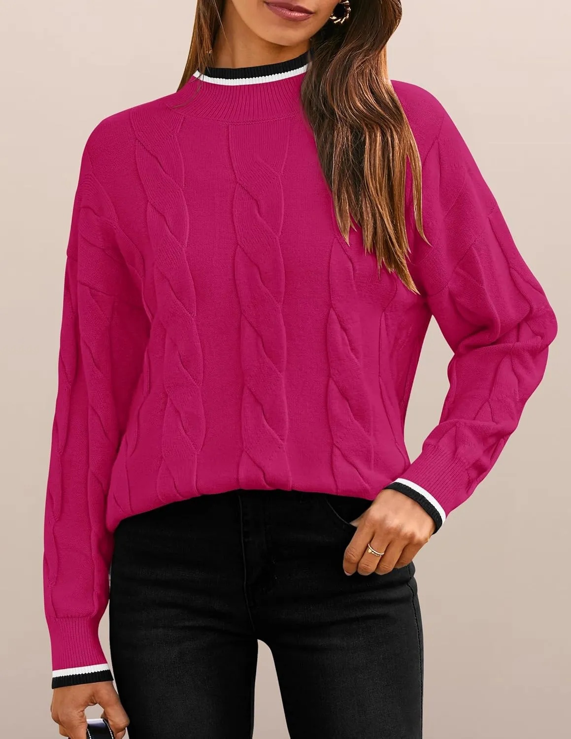ZESICA Women's Casual Long Sleeve Mock Neck Cable Knit Contrast Color Fall Winter Chunky Pullover Sweater
