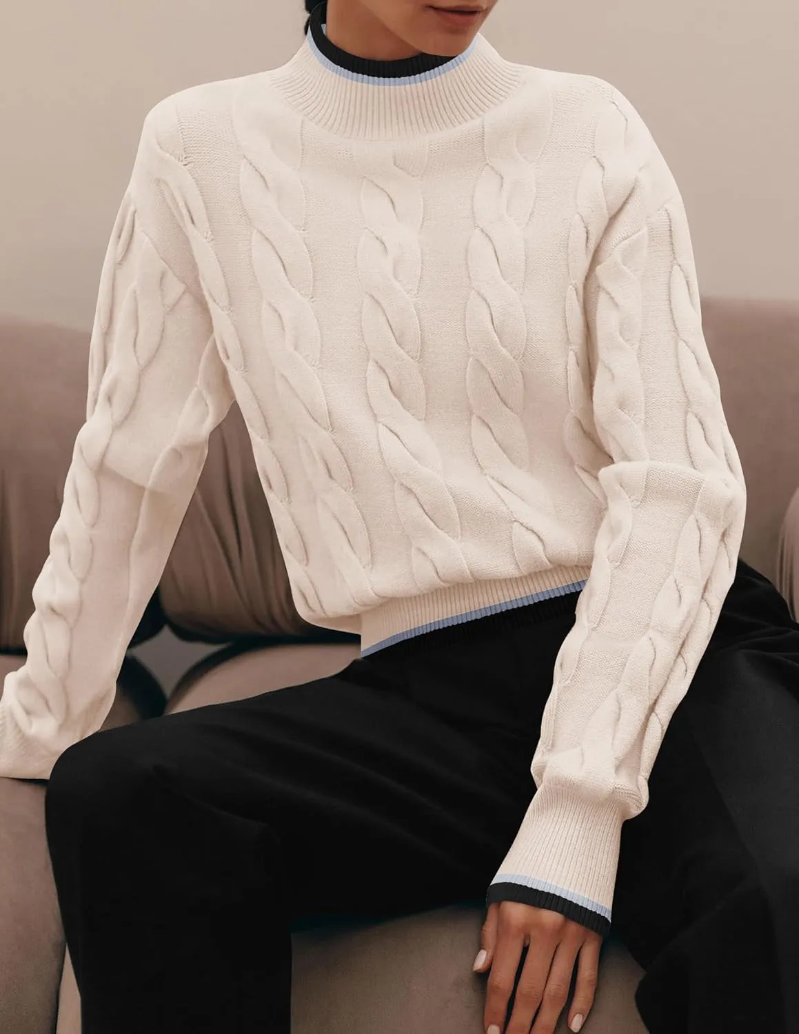 ZESICA Women's Casual Long Sleeve Mock Neck Cable Knit Contrast Color Fall Winter Chunky Pullover Sweater