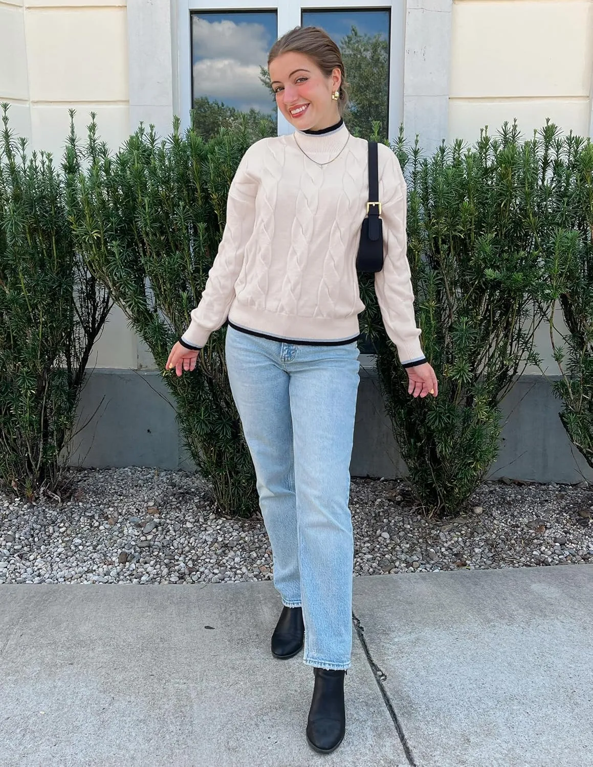 ZESICA Women's Casual Long Sleeve Mock Neck Cable Knit Contrast Color Fall Winter Chunky Pullover Sweater
