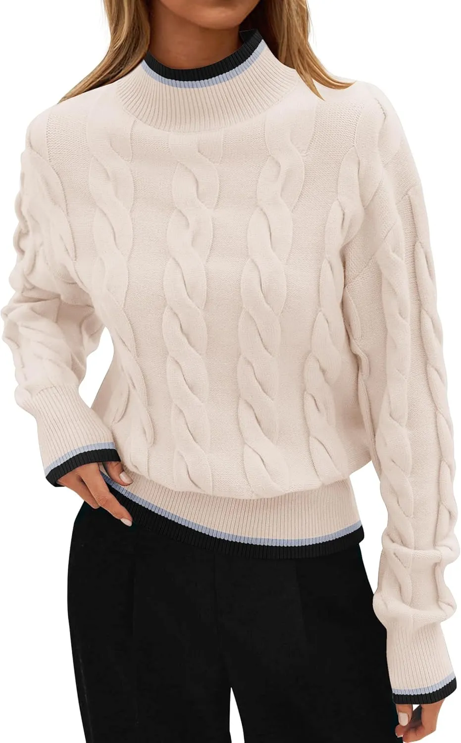 ZESICA Women's Casual Long Sleeve Mock Neck Cable Knit Contrast Color Fall Winter Chunky Pullover Sweater