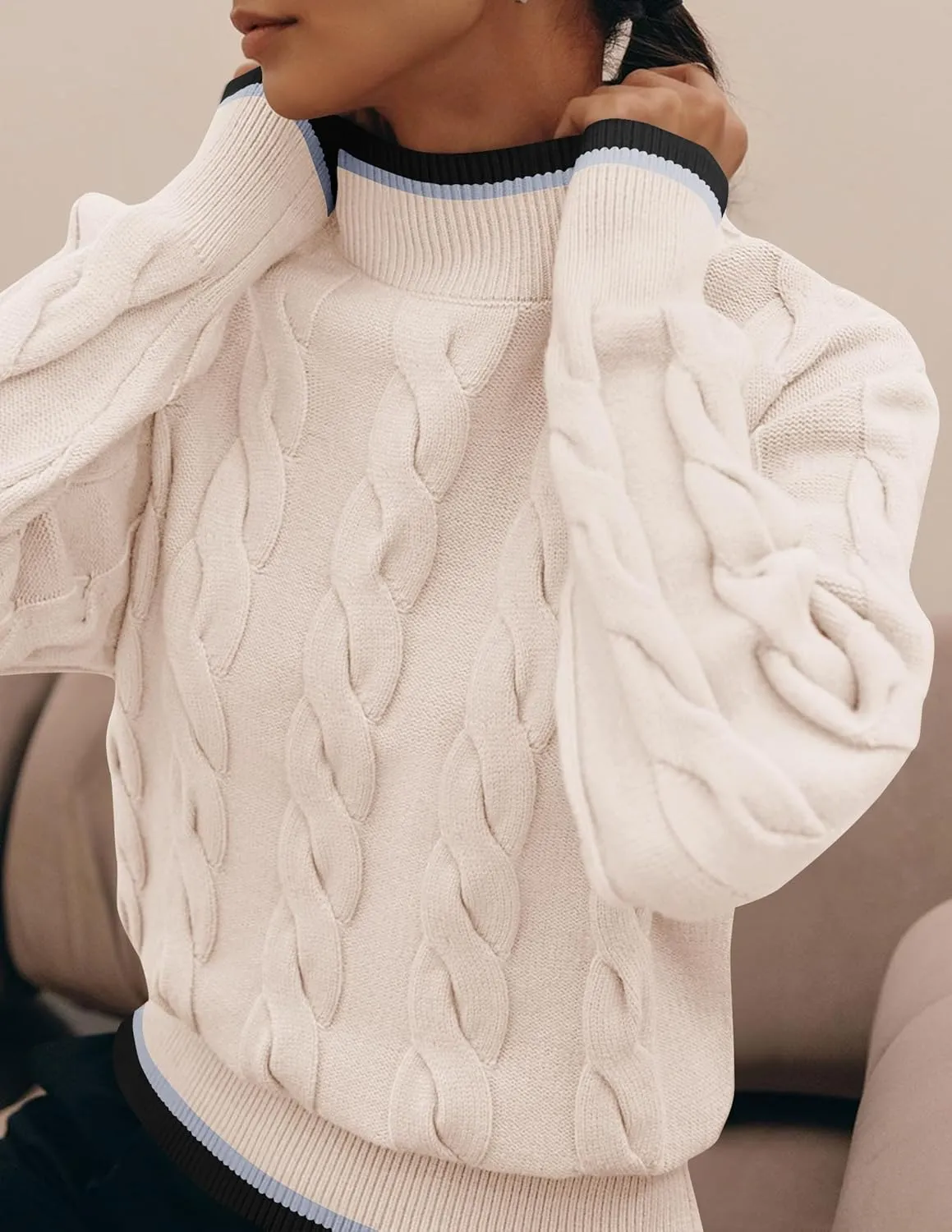 ZESICA Women's Casual Long Sleeve Mock Neck Cable Knit Contrast Color Fall Winter Chunky Pullover Sweater