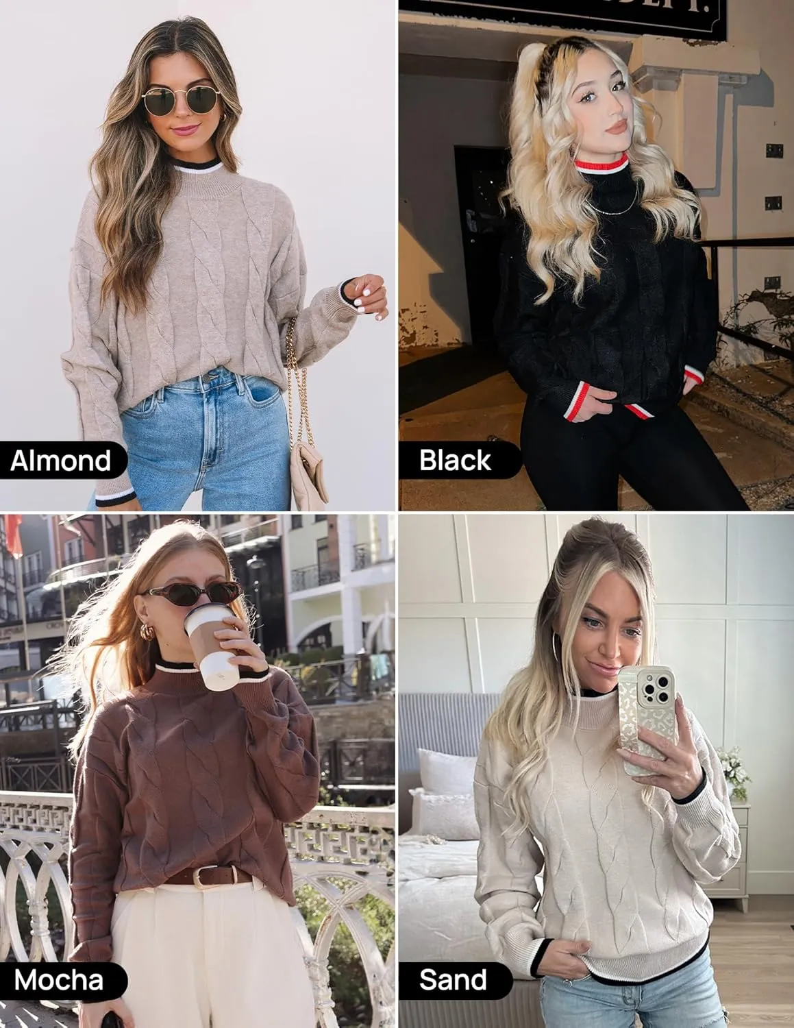ZESICA Women's Casual Long Sleeve Mock Neck Cable Knit Contrast Color Fall Winter Chunky Pullover Sweater