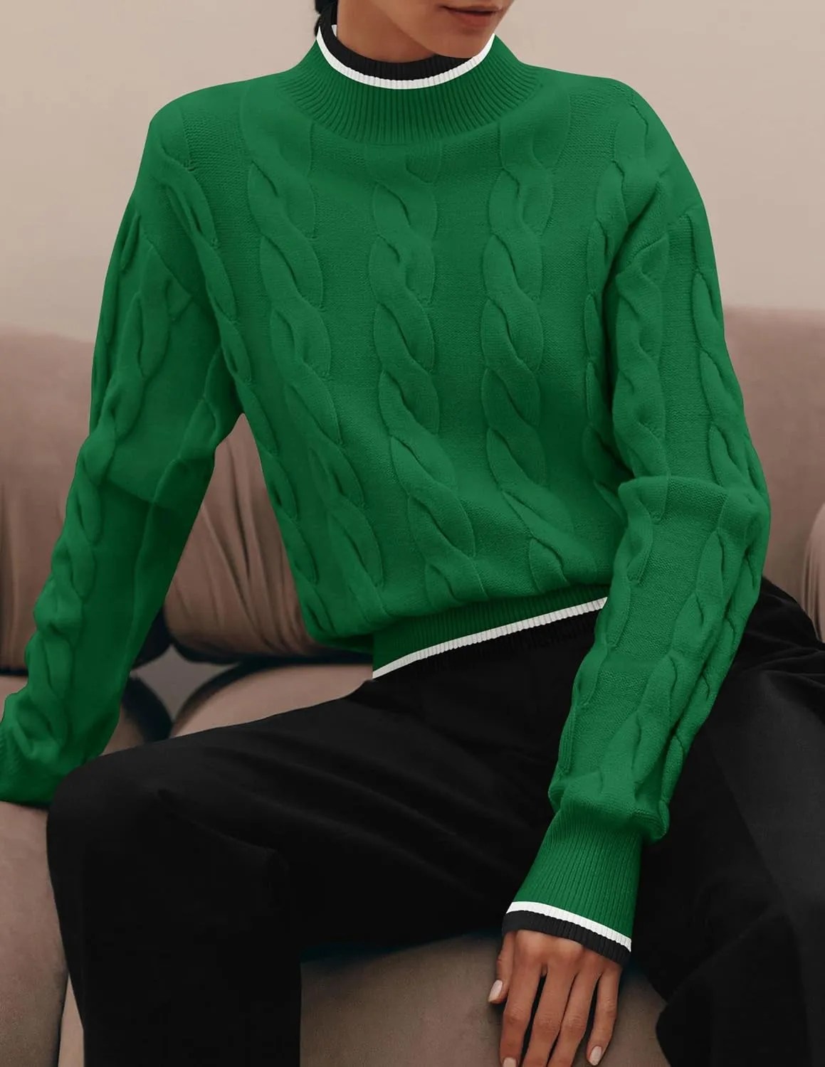 ZESICA Women's Casual Long Sleeve Mock Neck Cable Knit Contrast Color Fall Winter Chunky Pullover Sweater