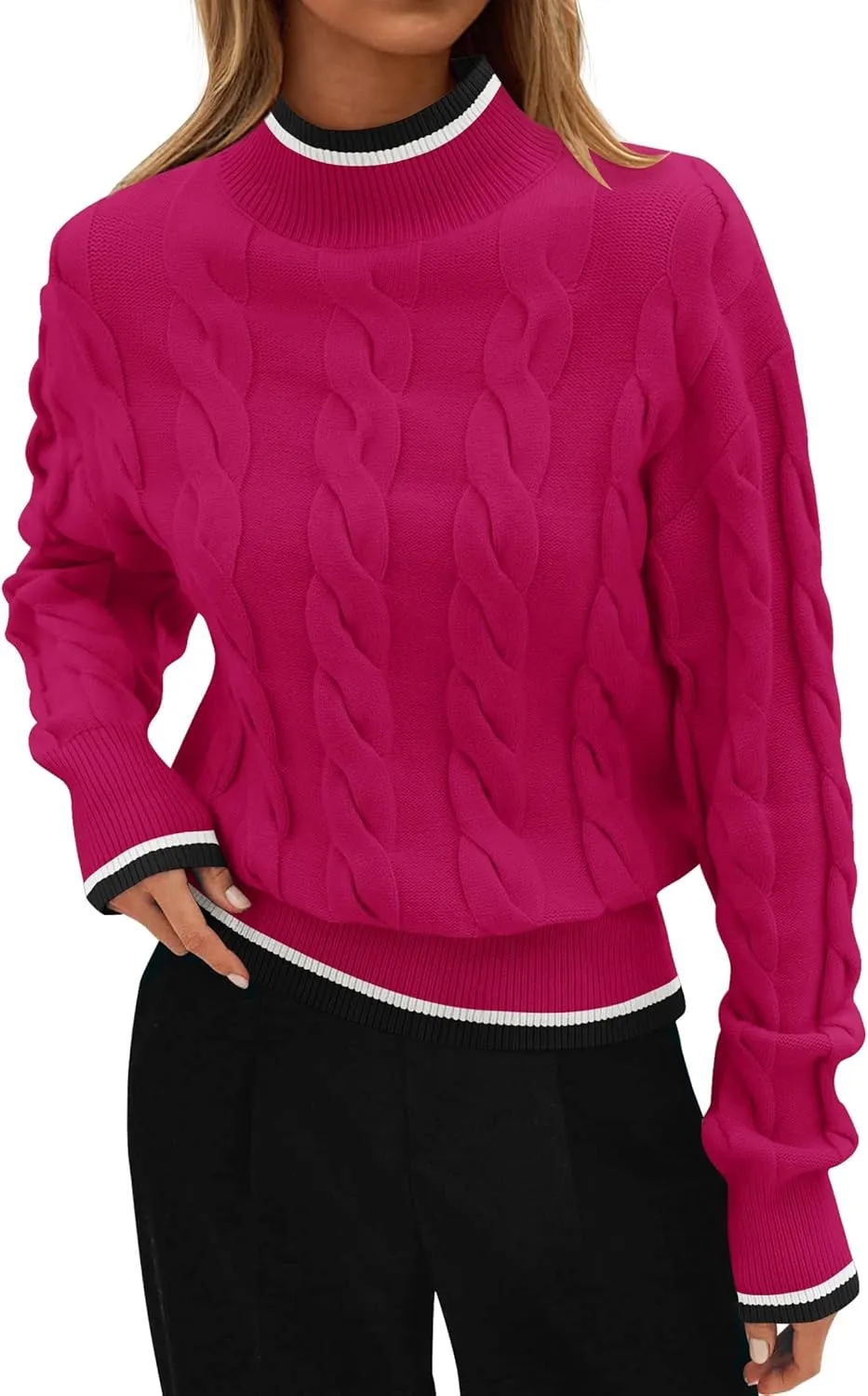 ZESICA Women's Casual Long Sleeve Mock Neck Cable Knit Contrast Color Fall Winter Chunky Pullover Sweater