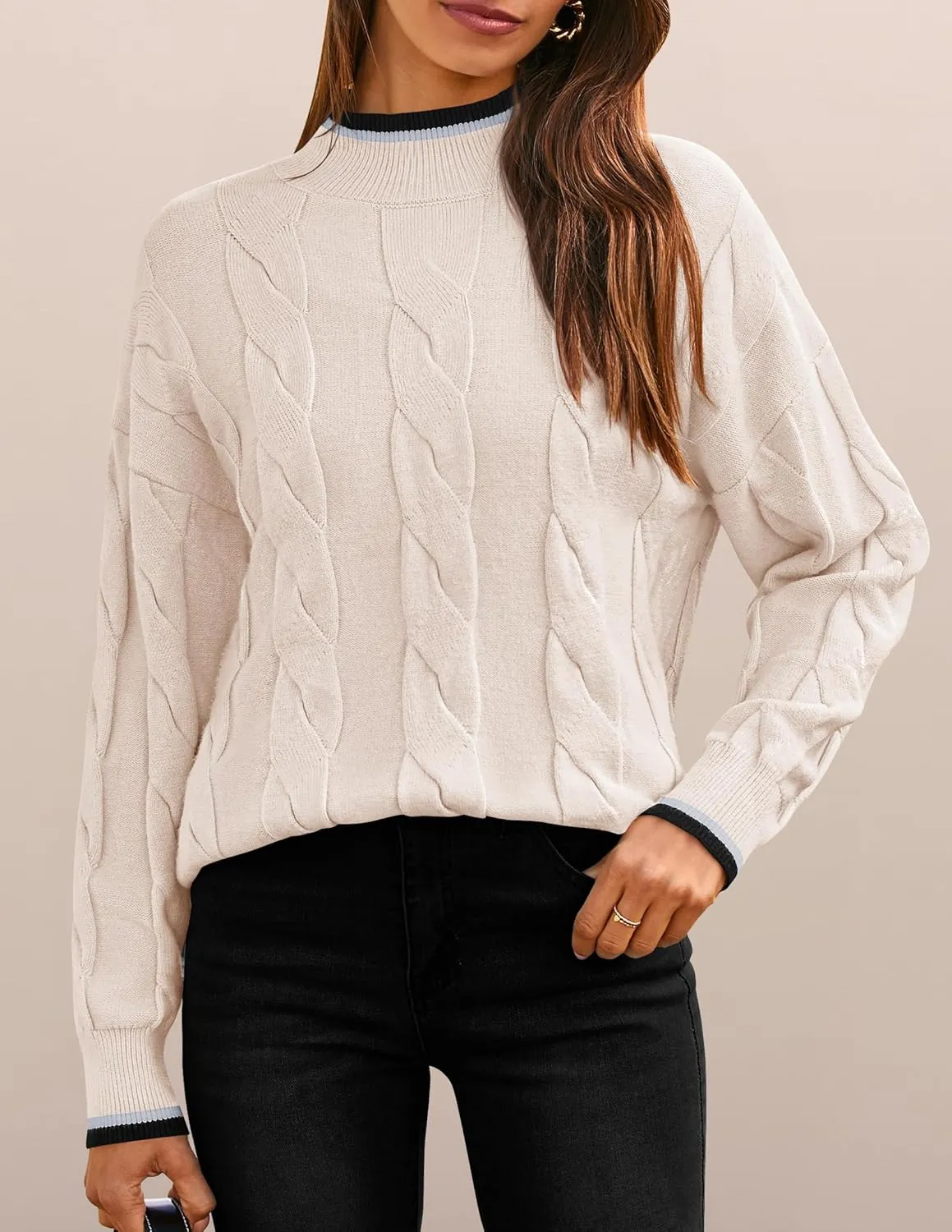 ZESICA Women's Casual Long Sleeve Mock Neck Cable Knit Contrast Color Fall Winter Chunky Pullover Sweater
