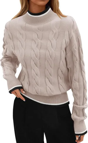 ZESICA Women's Casual Long Sleeve Mock Neck Cable Knit Contrast Color Fall Winter Chunky Pullover Sweater