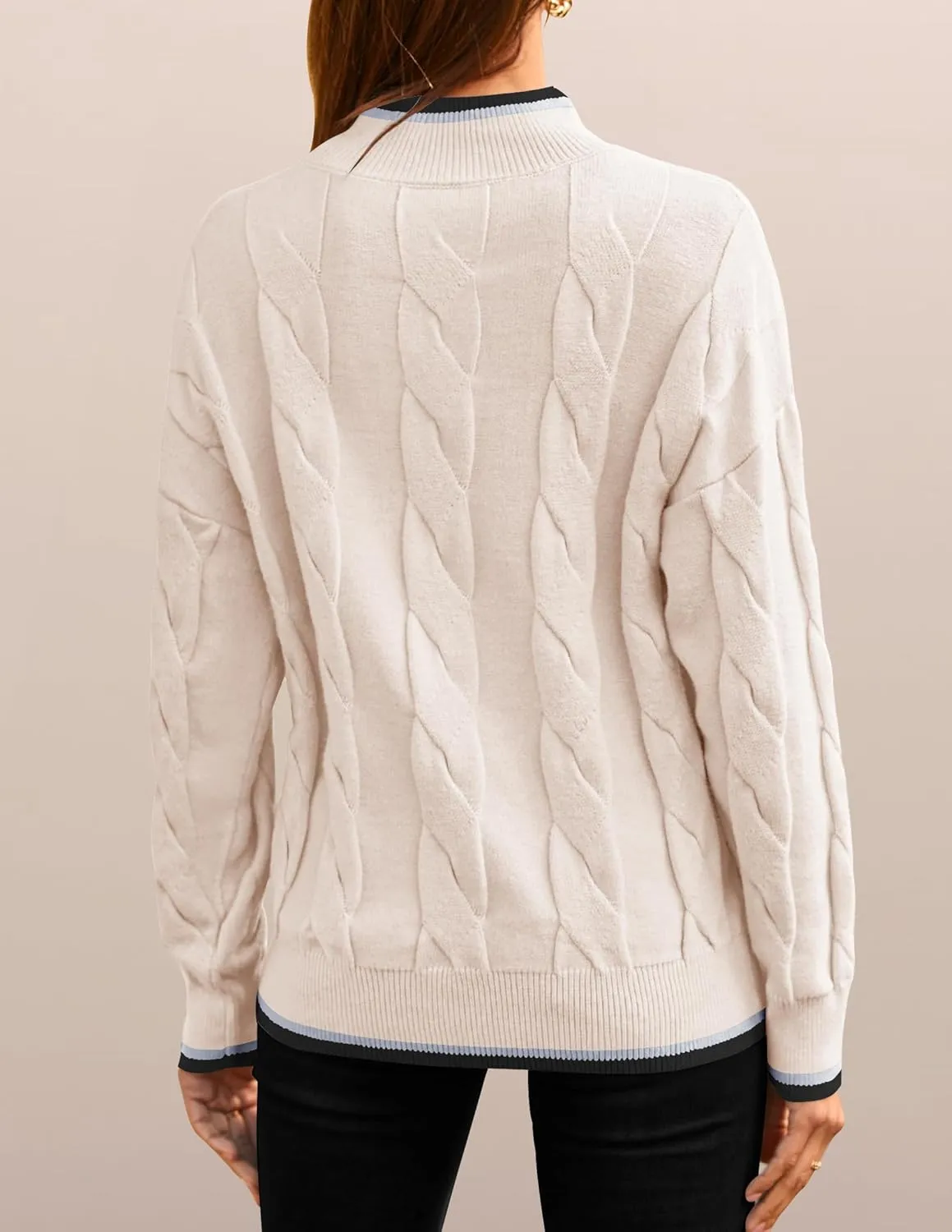 ZESICA Women's Casual Long Sleeve Mock Neck Cable Knit Contrast Color Fall Winter Chunky Pullover Sweater
