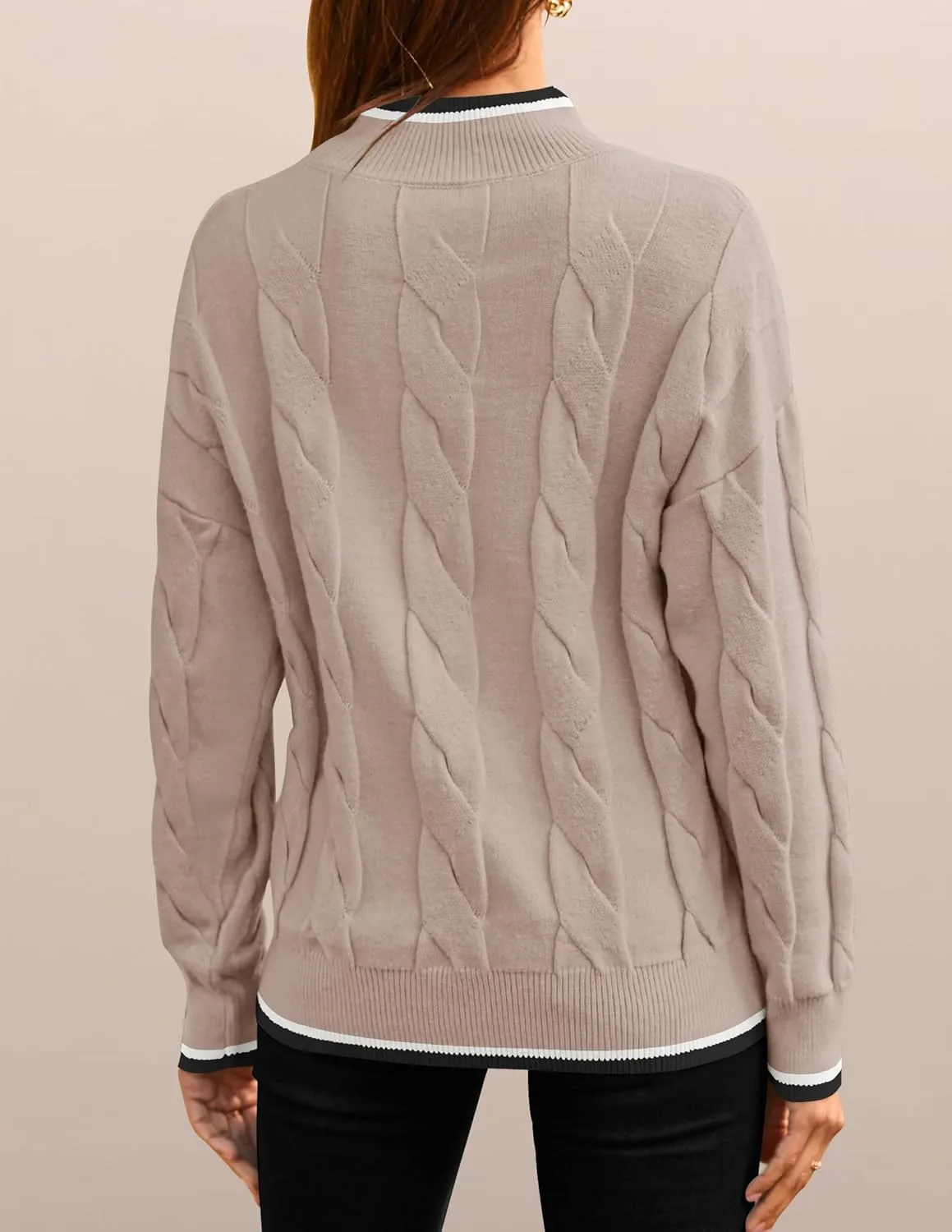 ZESICA Women's Casual Long Sleeve Mock Neck Cable Knit Contrast Color Fall Winter Chunky Pullover Sweater