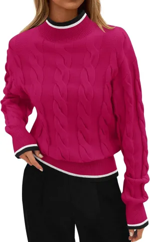 ZESICA Women's Casual Long Sleeve Mock Neck Cable Knit Contrast Color Fall Winter Chunky Pullover Sweater
